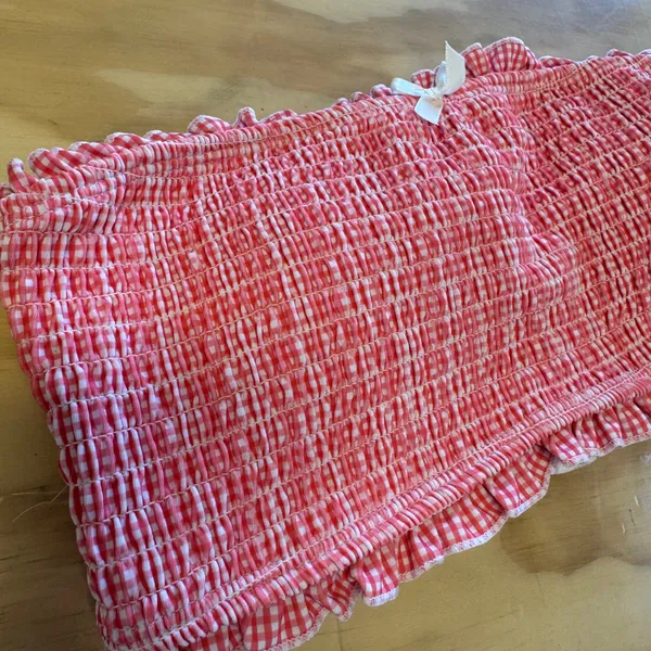 NWT CIDER Red Gingham Smocked Bandeau Swim Bikini Top Ruffle‎ Size L - Image 3