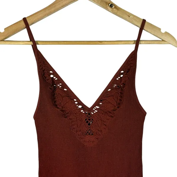 Free People Intimately Ribbed Crochet Lace V-Neck Cami Tank Top Rust Size M/L - Image 2
