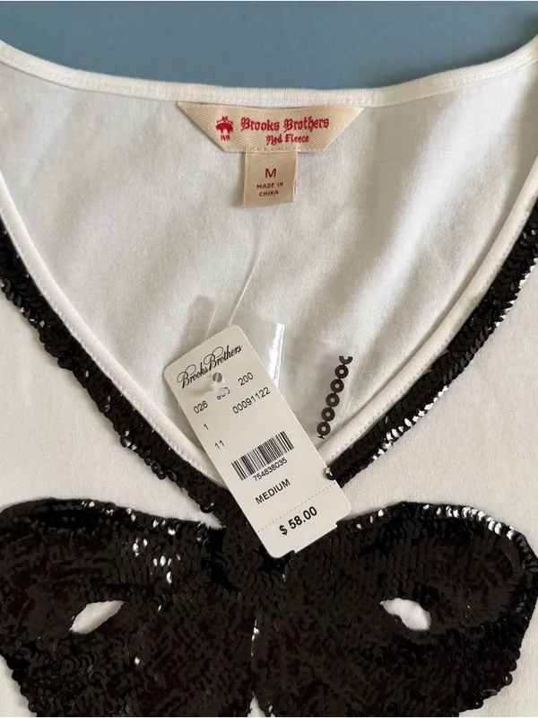 NWT Brooks Brothers Red Fleece White Black‎ Sequin Bow Short Sleeve Shirt - Image 4