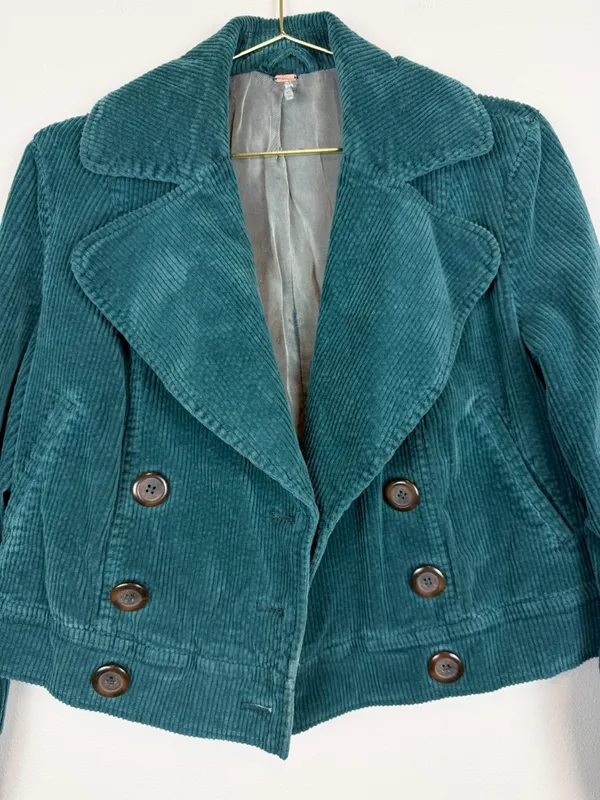 Free People Teal Corduroy Cropped Moto Jacket Size XS - Image 2