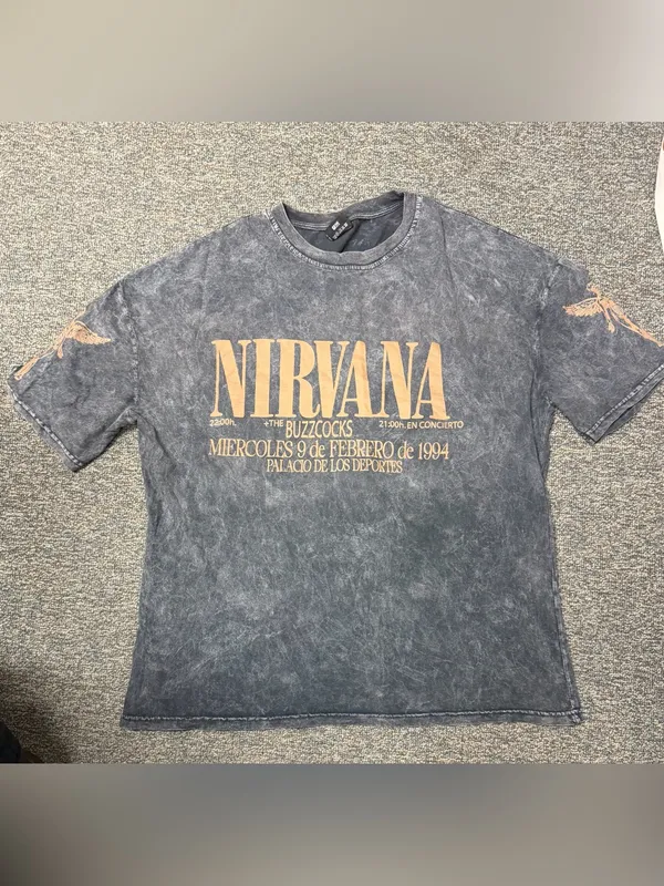 NIRVANA Gray Vintage Wash Short Sleeve Tee with Gold Lettering - Image 2