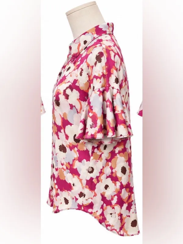 Joie Floral Button Front Blouse Medium Pink 100% Viscose High Low Satin Feel - Image 2