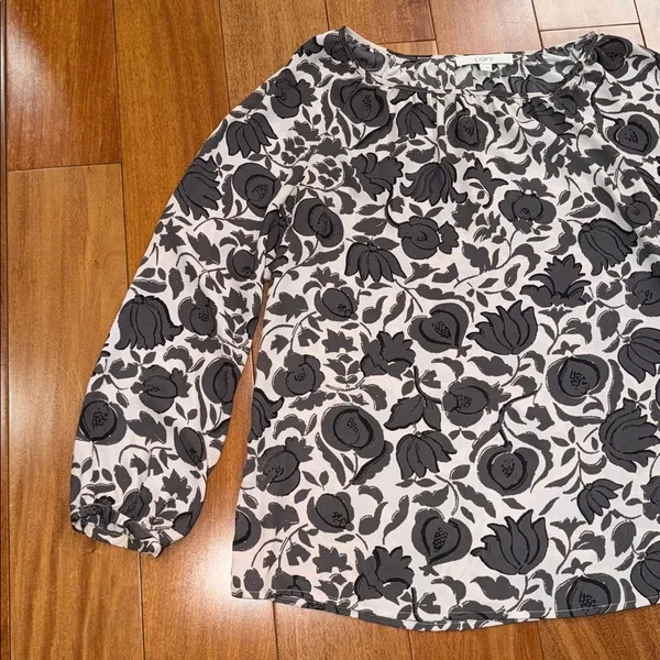 LOFT Women's pink & brown floral boat neck‎ long sleeve blouse Size M - Image 4