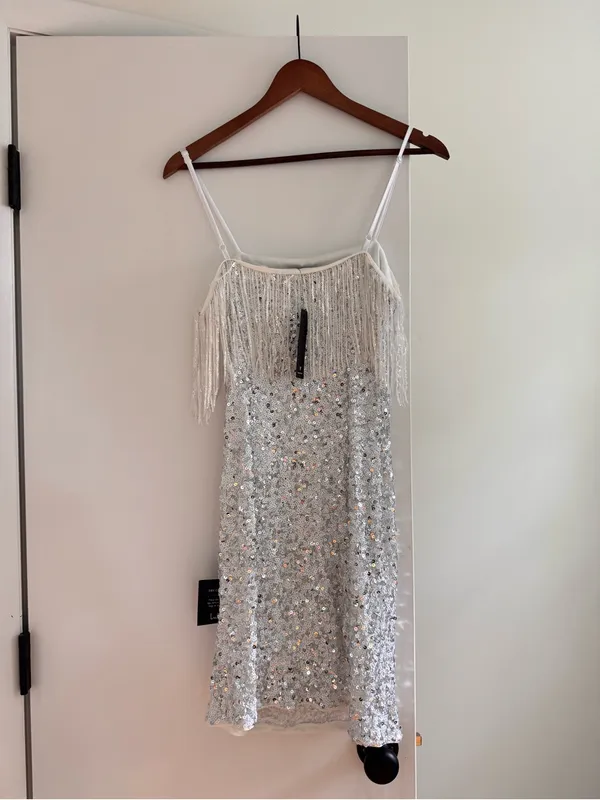 Lulus Beaming with Beauty Silver Sequin Sleeveless Fringe Mini Dress - Image 3