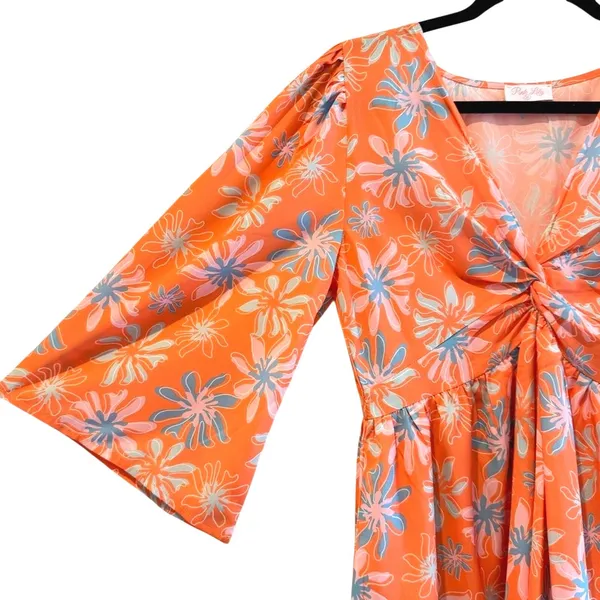 Pink Lily Morning Mimosas Mini Dress Orange‎ Floral Tiered Boho Women Medium - Image 4