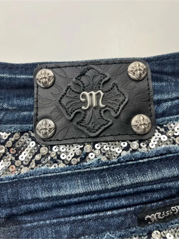 Miss Me Dark Blue Wash Embellished Back Flap Pocket Jeans Boot Womens 31 Denim - Image 14