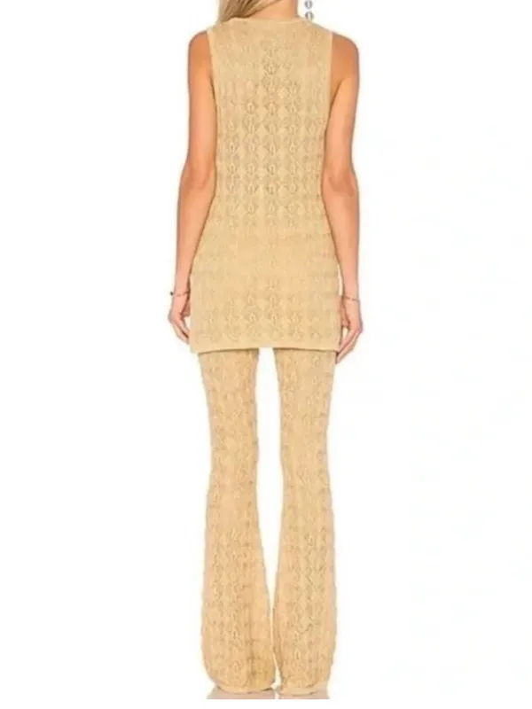 Free People Take Me Out Co-Ord Gold Metallic‎ Knit 2 Piece Set Flared Leg Small - Image 4