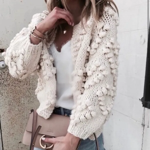 Chicwish Knit Your Love Ivory Heart Shape Pompoms Chunky Knit Cardigan Sweater S - Image 7