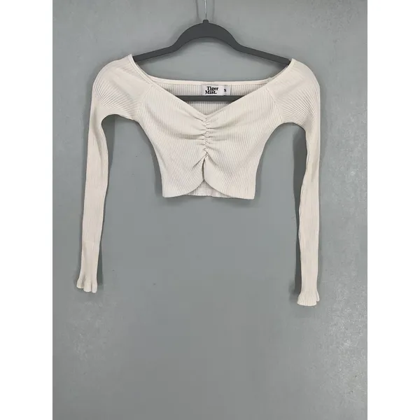 Tiger Mist Womens Crop Top White Ribbed Ruched Off Shoulder Long Sleeve Size S - Image 2