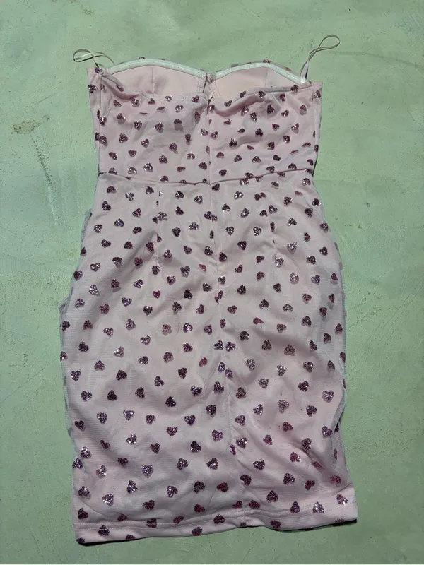 Superdown Strapless Pink Sequin Heart Ruched Mini Dress small - Image 6
