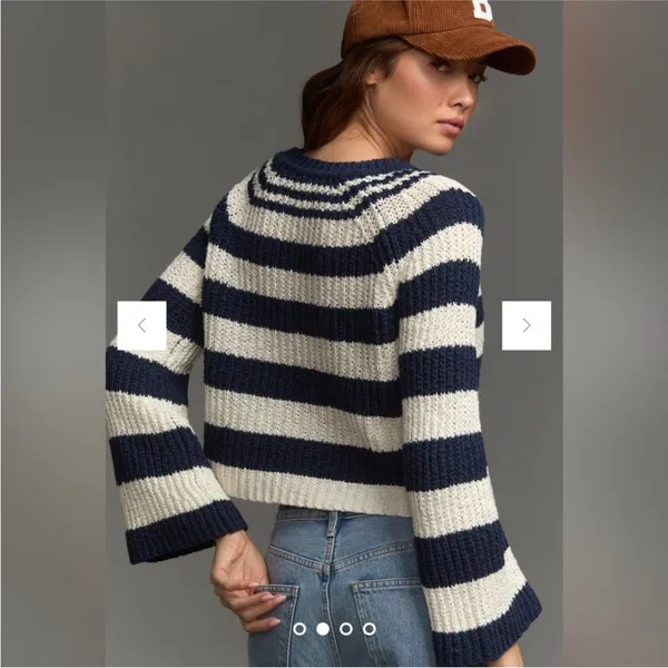 Anthropologie Pilcro Sweater Women's Navy Ivory Stripes‎ Cotton Knit Bell-Sleeve Size XS - Image 3