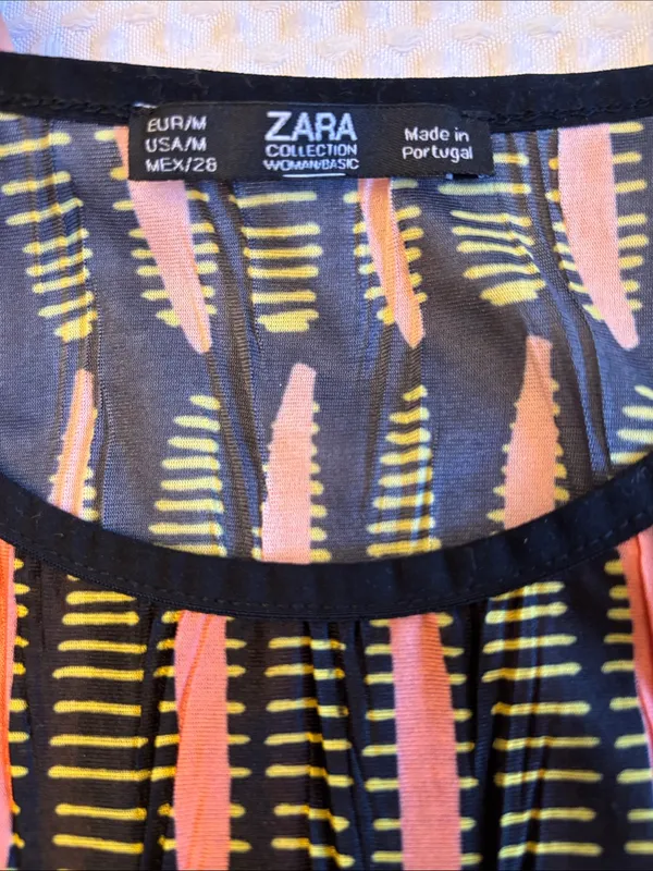 Zara MEDIUM Boho Tunic Top Sleeveless Blouse Black Coral Patterned Ruffle Hem - Image 14