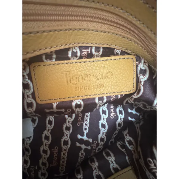 Tignanello Mustard Yellow Pebbled Leather Satchel Buckle Handbag Silver Hardware - Image 12