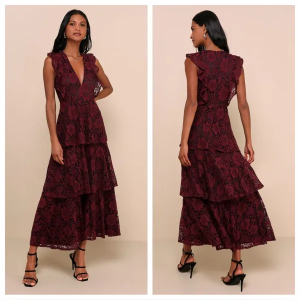Lulu's Molinetto Burgundy Lace Ruffled Tiered Sleeveless Maxi Dress - Image 2