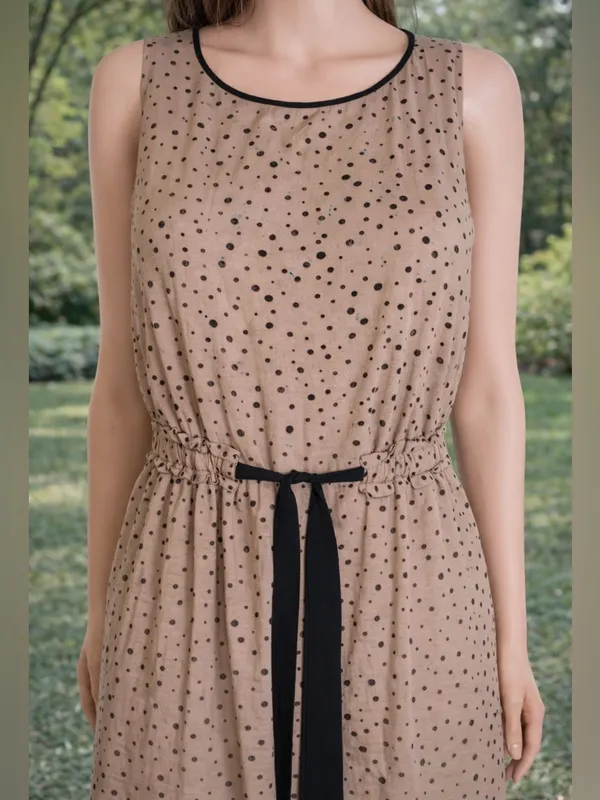 LOFT Petite XS Neutral Polka Dot Dress Tan Black Elastic Waist Lined Summer Mini - Image 3