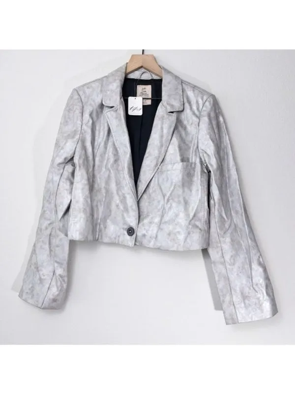 NWT Free People Block Party Metallic Blazer M Silver Vegan Leather Cropped Vneck - Image 2