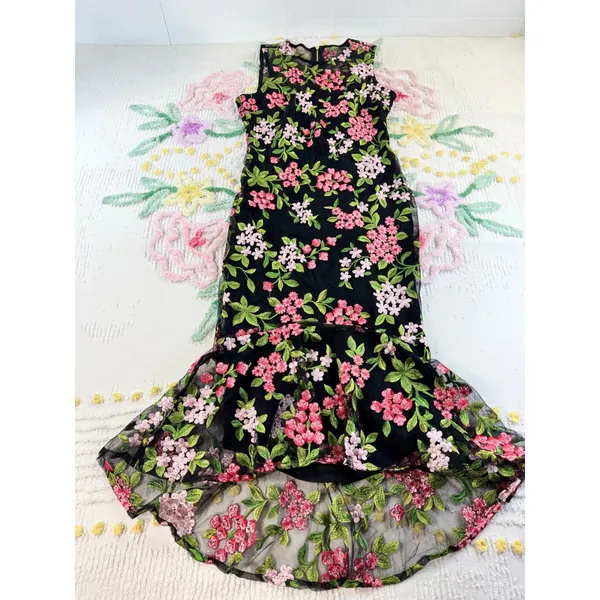 Calvin Klein Floral Embroidered Mesh Mermaid Midi Dress Black Pink 2P CD8L15EZ‎ - Image 2