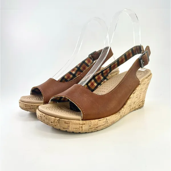 Crocs A-Leigh Brown Leather Cork Wedge Sandals Slingback Peep Toe Comfort Size 8 - Image 2