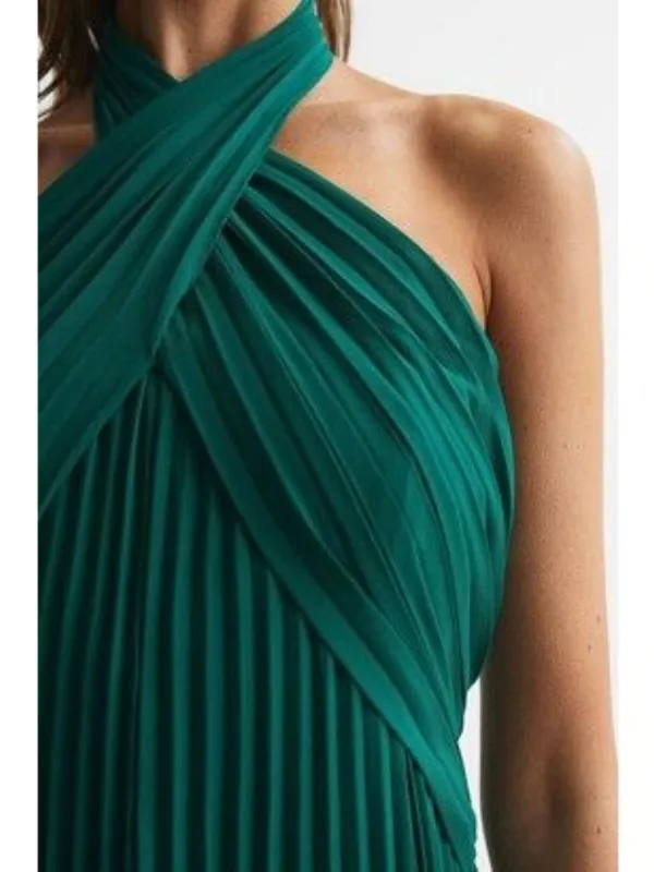 REISS Royal Emerald Green Halter Pleated Cocktail Dress Size 0 NEW NWT - Image 4