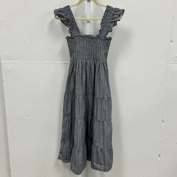 Hill House Ellie‎ Nap Dress XS Grey Blue Plaid Smocked Ruffle Midi Dress Picnic - Image 2