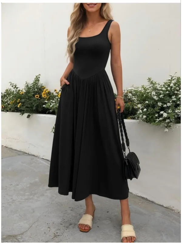 NEW Black Mieazom Tank Maxi Dress Sleeveless Square Neck Pockets XL - Image 6