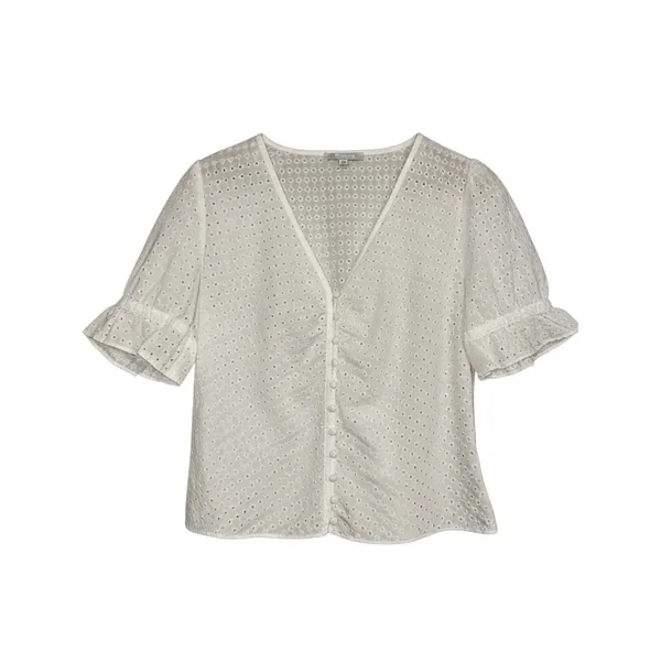 Madewell White Eyelet Button Front Blouse Ruffle Sleeve V-Neck Top AK013‎ Size 6 - Image 3