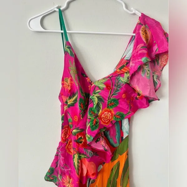Farm Rio Mixed Flowery Ruffle One Shoulder Dress Women’s Medium - Image 5