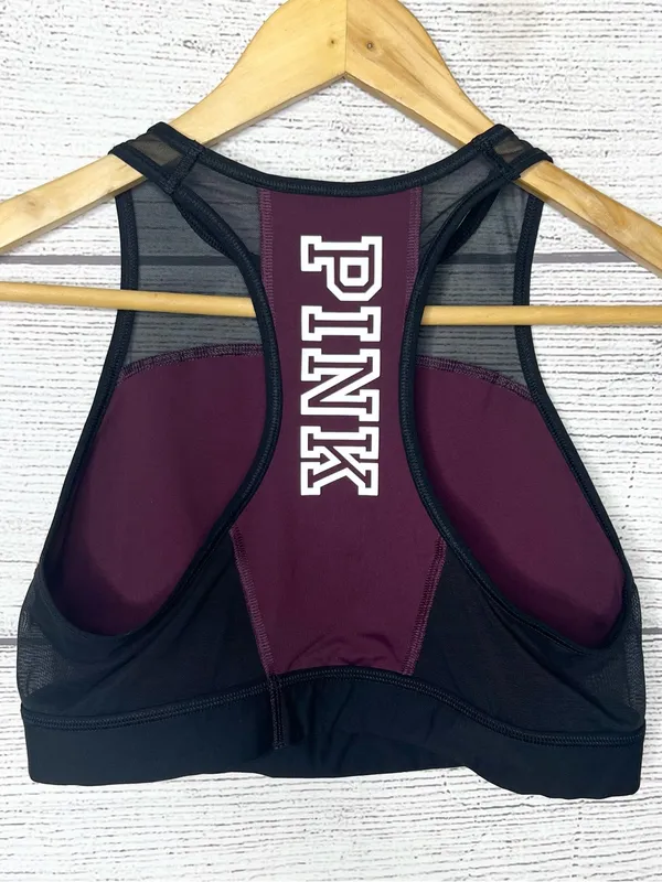 VS PINK Burgundy Crop Top Sports Bra Unlined Racerback Spell Out Logo Size Large - Image 7