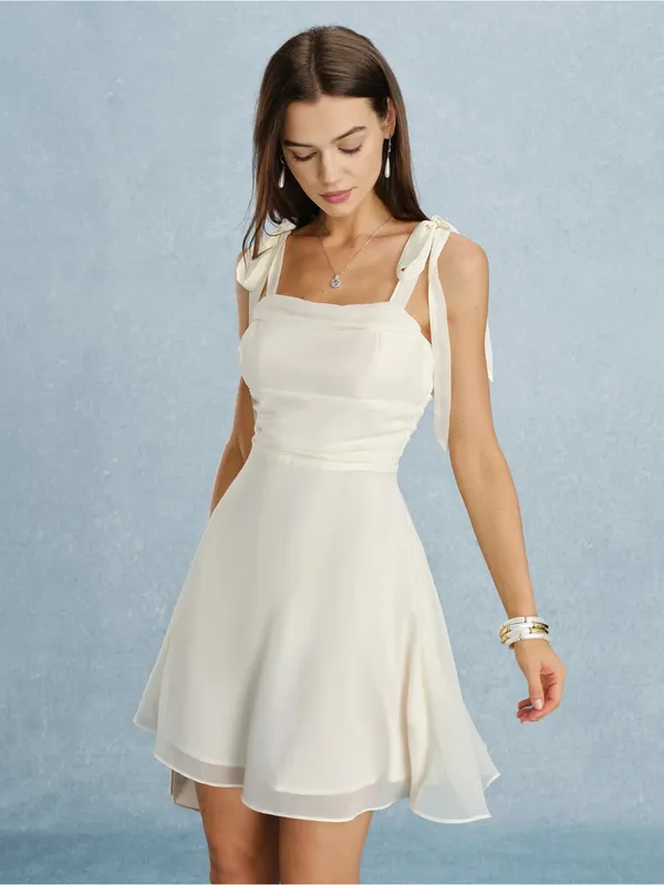 Rihoas Apricot Square Neck Tie Strap Mini Dress - Image 3