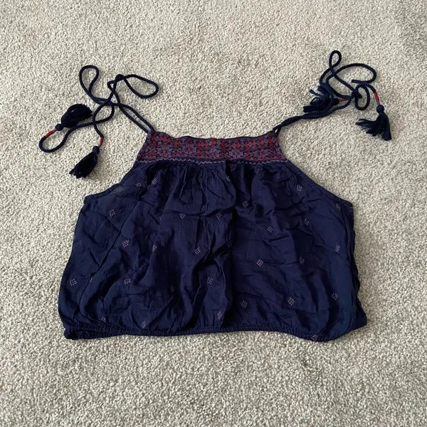 Free People Navy Blue Embroidered Halter Crop‎ Top with Tassels XS - Image 4