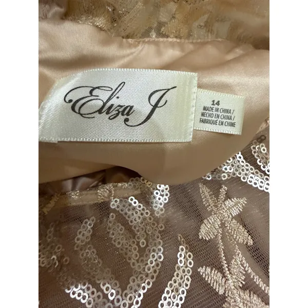 Eliza J Champagne Sequin Lace Long Sleeve Formal Gown Size 14 Evening - Image 11