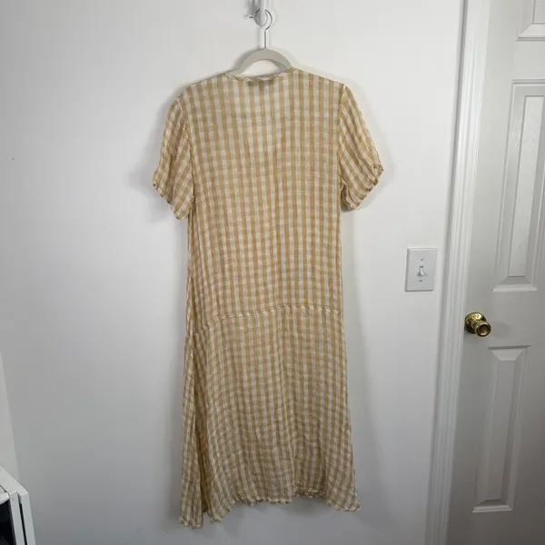 Flax 100% Linen Beige Tan Gingham Midi Dress Coastal Lagenlook Womens Small - Image 8