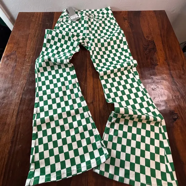 Fashion Green White Checkered Flare Jeans High Waisted Wide Leg Size 2 NEW - Image 2
