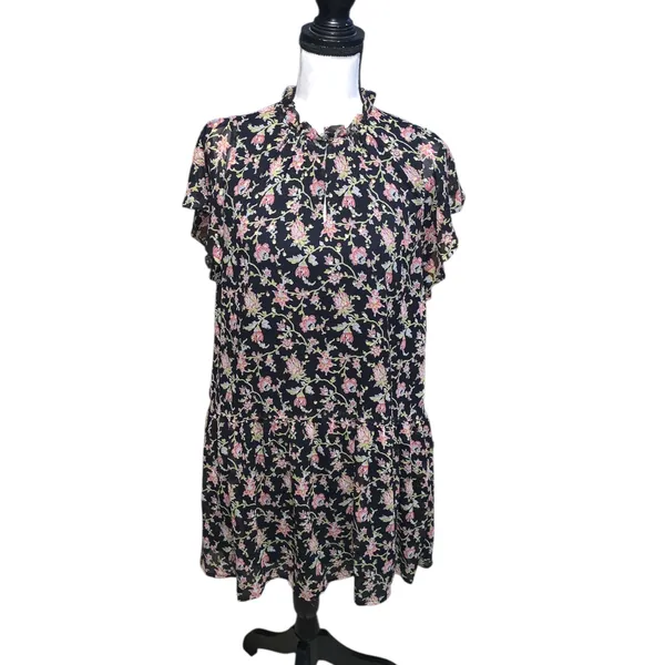 LOFT Dress Black Floral Drop Waist Ruffle Neck Gold Embroidered Polka Dot - Image 2