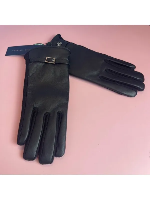 Adrienne Vittadini Black Leather Gloves Touchscreen Wool blend lining S/M NWT - Image 2