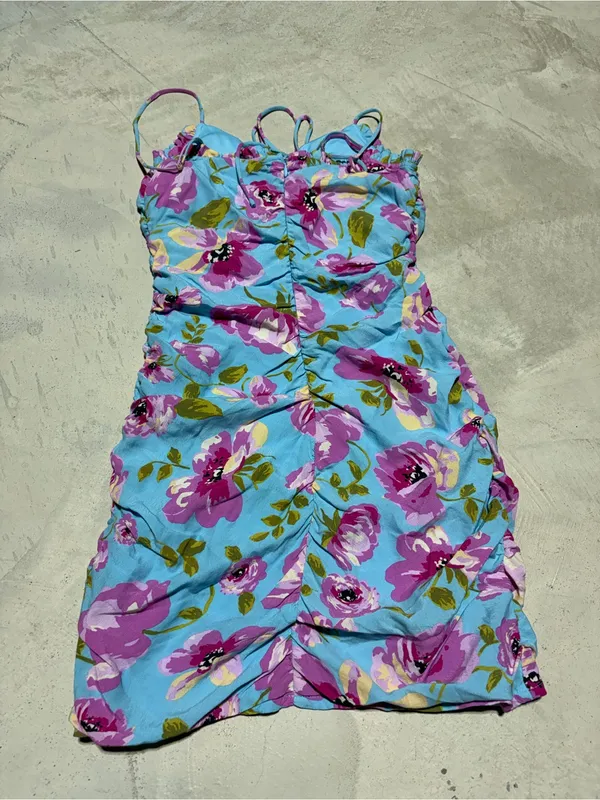 Zara Blue Floral Ruched Mini Dress small - Image 6