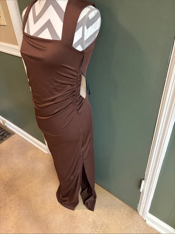 gaze Chocolate Brown Square-Neck Maxi Dress with Side Ruching - Image 2