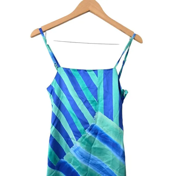Nasty Gal Satin‎ Maxi Dress Size 2 Blue Green Stripe Abstract Tie Back - Image 5