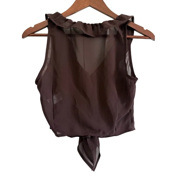 TIC TOC Chocolate Brown Chiffon Ruffle Tie Front Top S NWT - Image 2