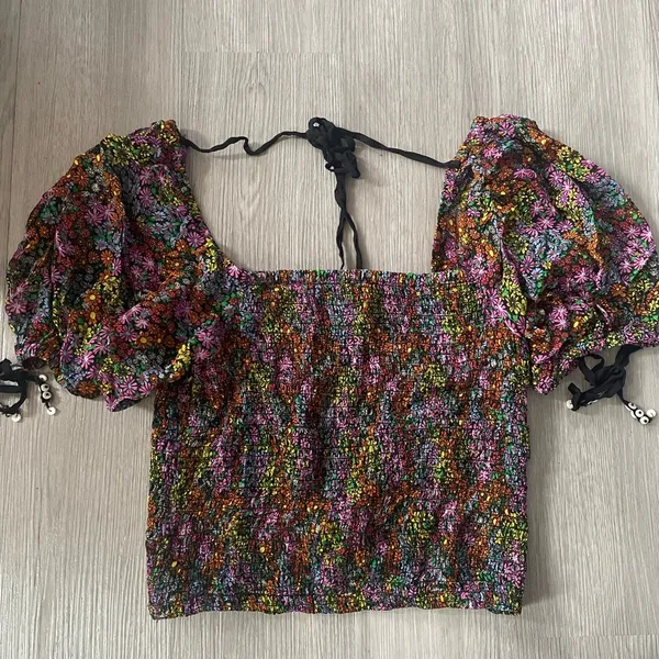Free People Floral Smocked Crop Top XS Puff Sleeve Tie Back Blouse - Image 4