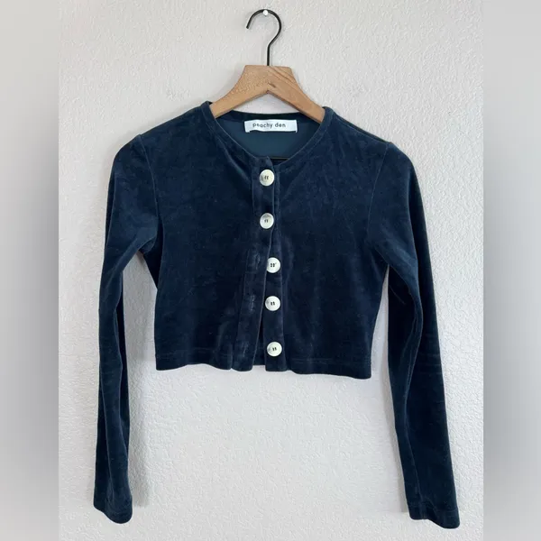 Peachy Den Celeste Velour Navy Twin Set XS $230 Cardigan + Trouser Pants - Image 8