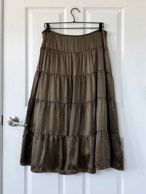 100% Silk Tiered Midi Skirt in Bronze Brown Fall Tone INC International Concepts - Image 2
