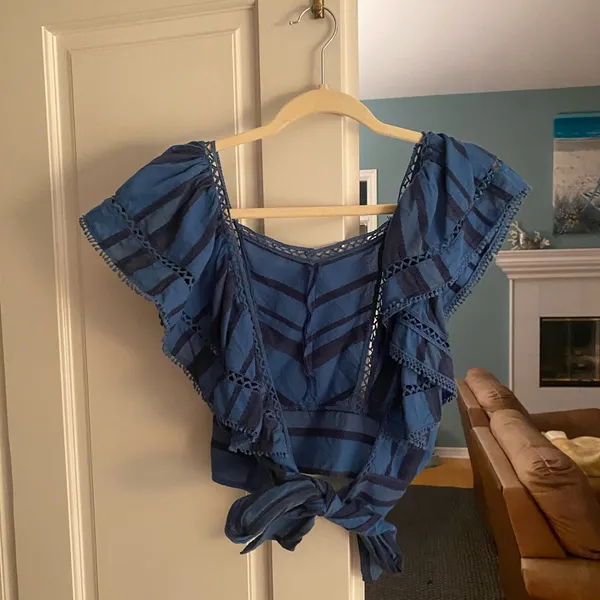 Free People Blue Stripe Ruffle Open Back Tie Top - Image 2