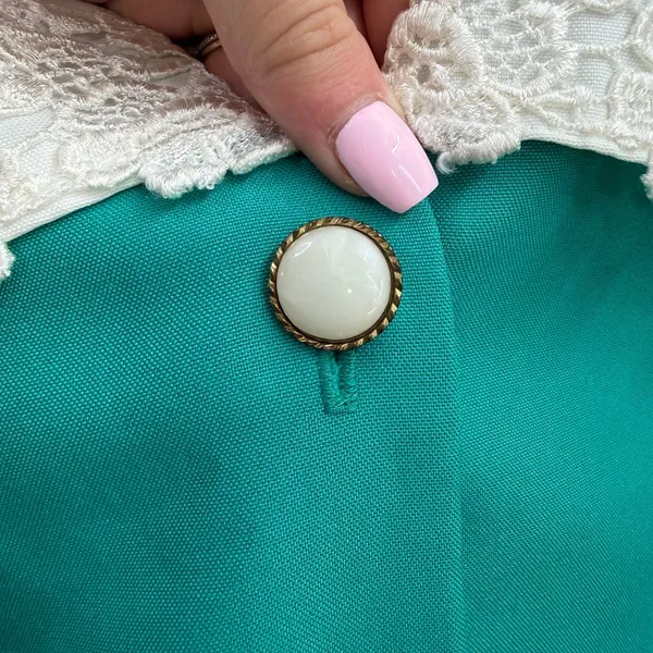 Vintage Lenore S teal lace embroidered collared button down maid dress‎ pleated - Image 4