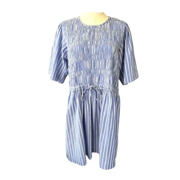 Apiece Apart Adorna Smocked Striped Cotton Mini Dress Blue White Size Medium - Image 3