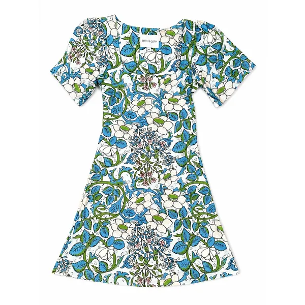 Smith & Quinn XS Blue Floral Mini Dress Puff Sleeve Square Neck Fit & Flare - Image 4