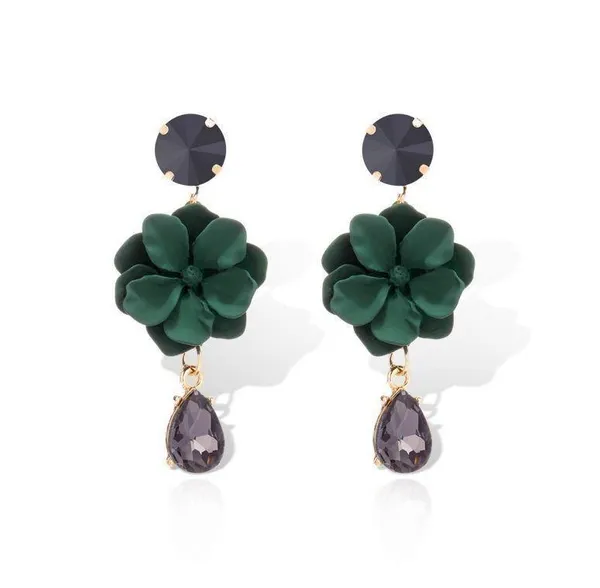 Women's Green Flower Crystal Teardrop Dangle Drop Earrings - Image 4