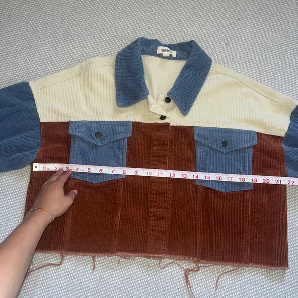 Fashion On Earth Womens Corduroy Blue Cream Brown Colorblock Cut Off Jean Jacket - Image 4