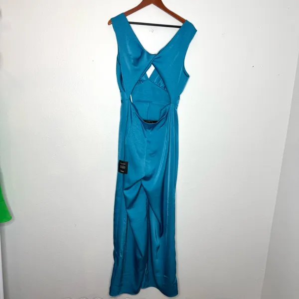 Lulu's Remarkable Style Blue Satin Twist-Back Cutout‎ Wide-Leg Jumpsuit - Image 5