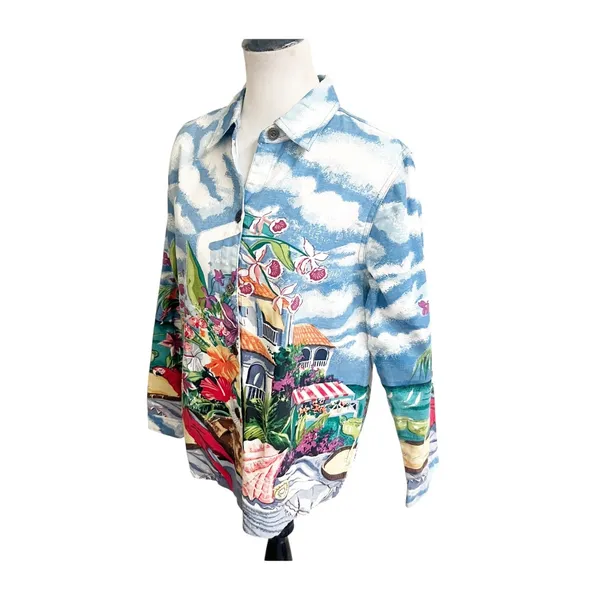 Vtg Real Comfort By Chadwick's Button Up Top Womens M Multi Floral Scenic Print - Image 5